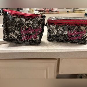 Victoria's Secret Black Lace Cosmetic Bag Duo with Pink Accents